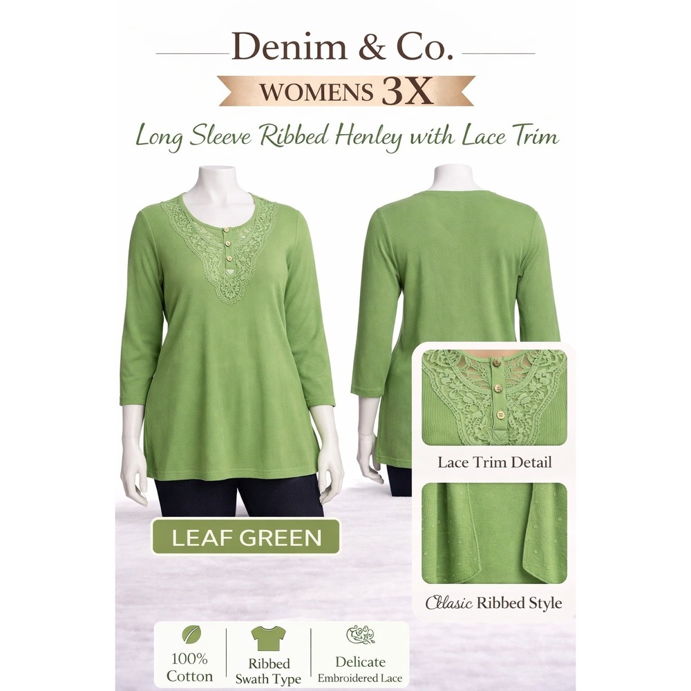 Denim & Co Womens 3X Long Sleeve Ribbed Henley Leaf Green Lace Trim A91144/79